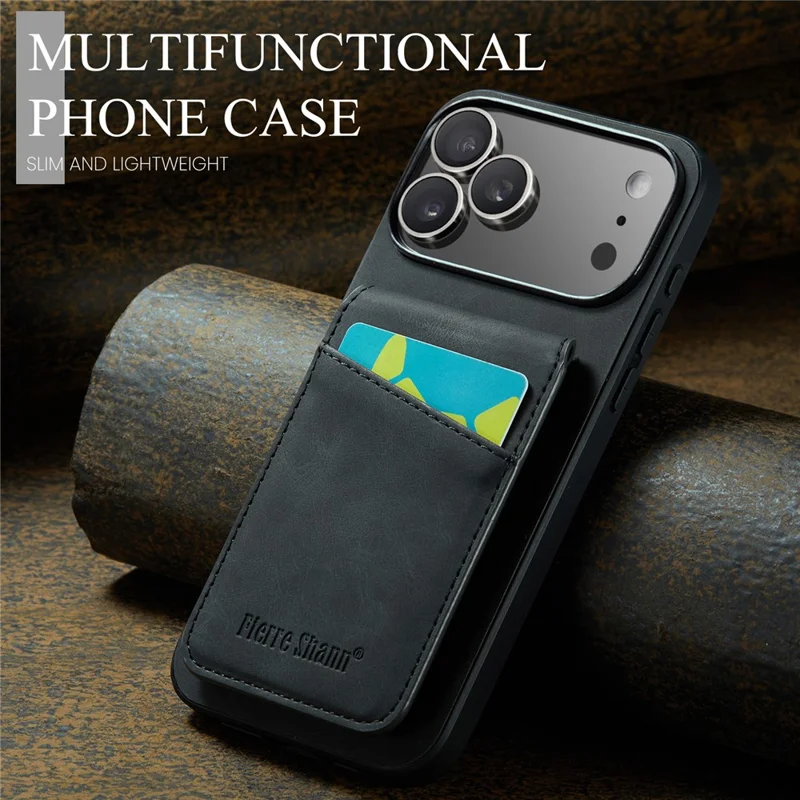 FIERRE SHANN For iPhone 17 Pro Case Card Holder Kickstand Leather RFID Blocking Back Cover - Black