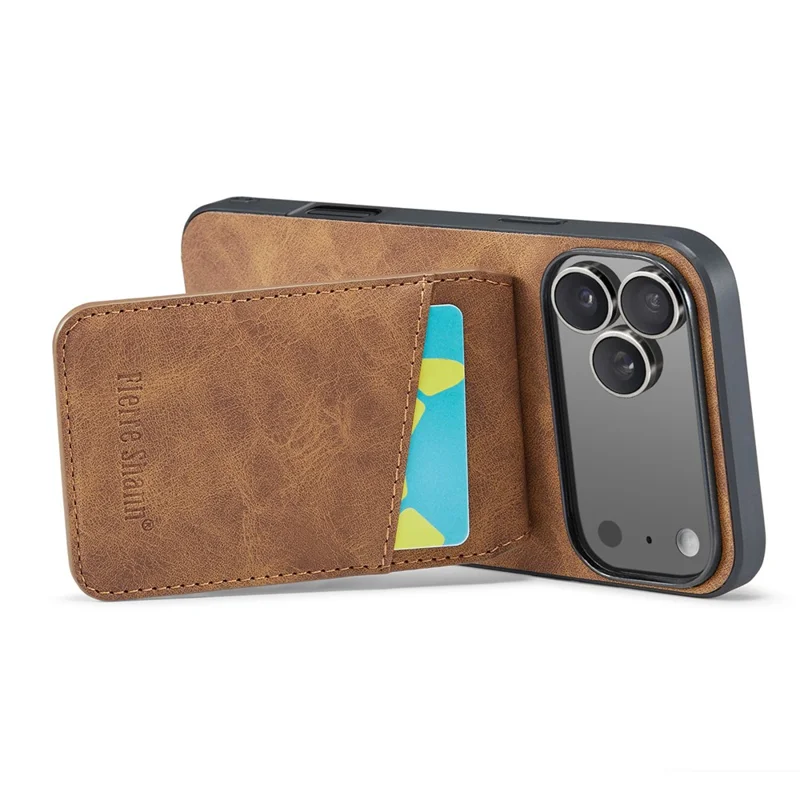 FIERRE SHANN For iPhone 17 Pro Max Case Card Holder Kickstand Leather RFID Blocking Back Cover - Brown