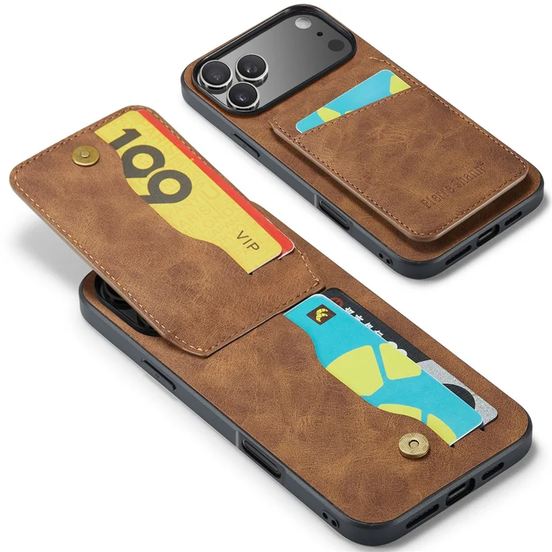 FIERRE SHANN For iPhone 17 Pro Max Case Card Holder Kickstand Leather RFID Blocking Back Cover - Brown