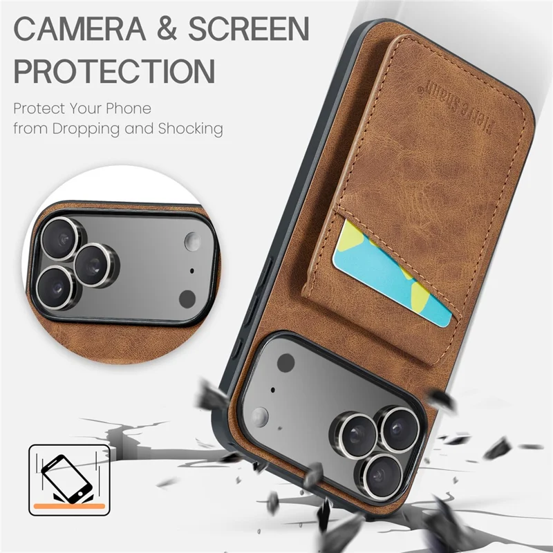 FIERRE SHANN For iPhone 17 Pro Max Case Card Holder Kickstand Leather RFID Blocking Back Cover - Brown