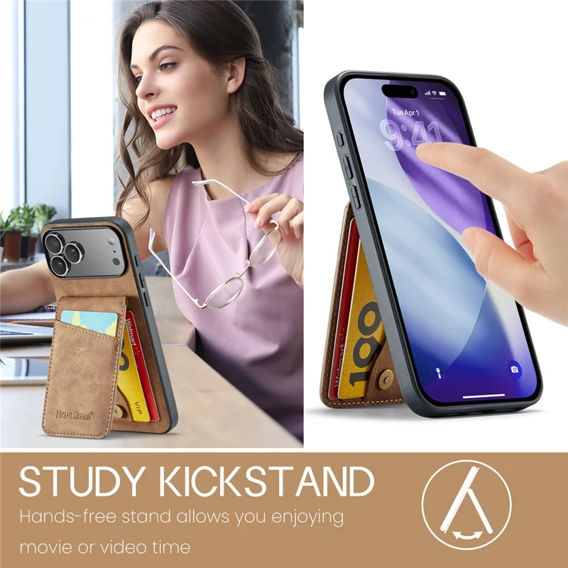 FIERRE SHANN For iPhone 17 Pro Max Case Card Holder Kickstand Leather RFID Blocking Back Cover - Brown