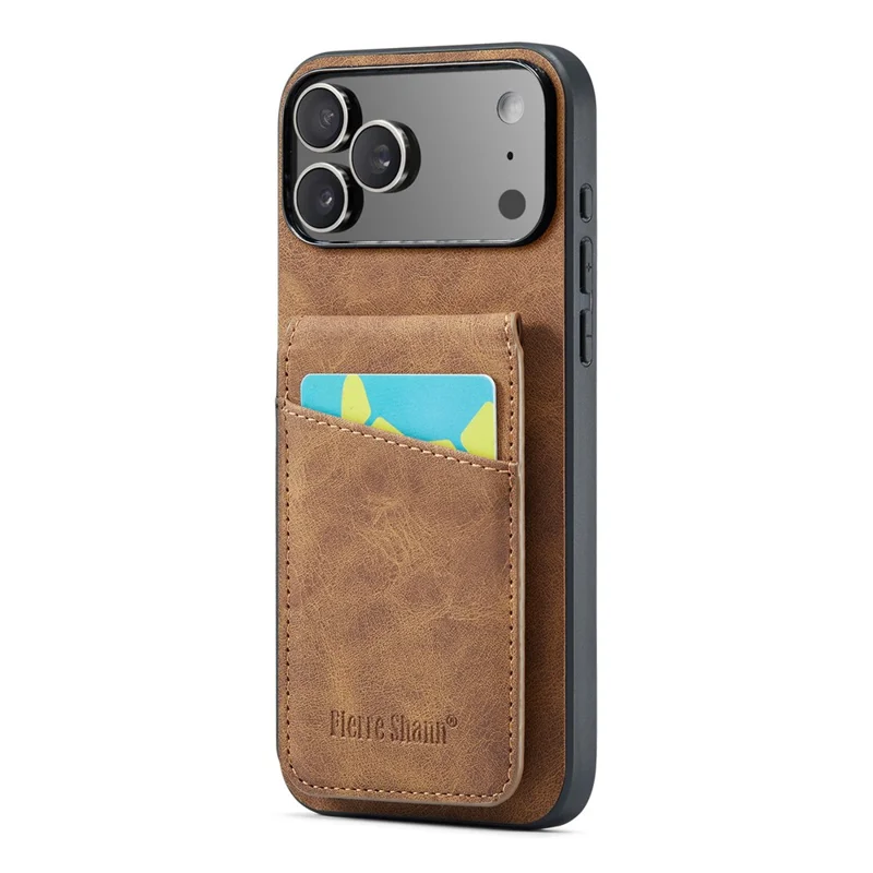 FIERRE SHANN For iPhone 17 Pro Max Case Card Holder Kickstand Leather RFID Blocking Back Cover - Brown