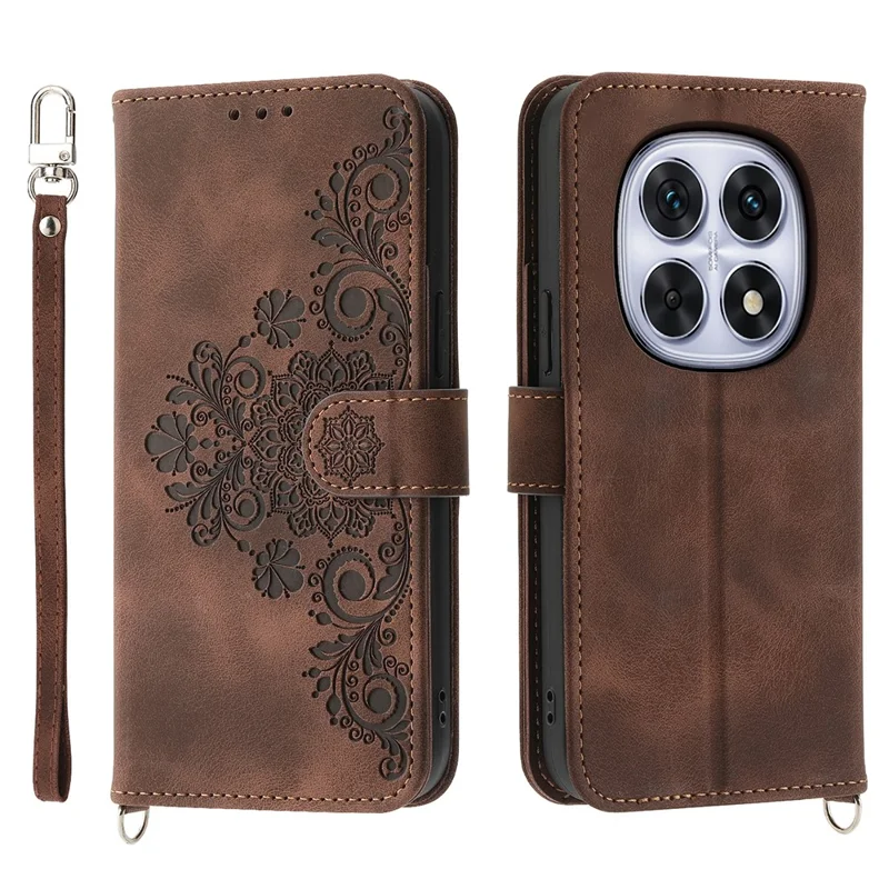 For Xiaomi Redmi Note 15 5G (Global) Case Flower Pattern PU Leather Wallet Phone Cover with Strap - Brown