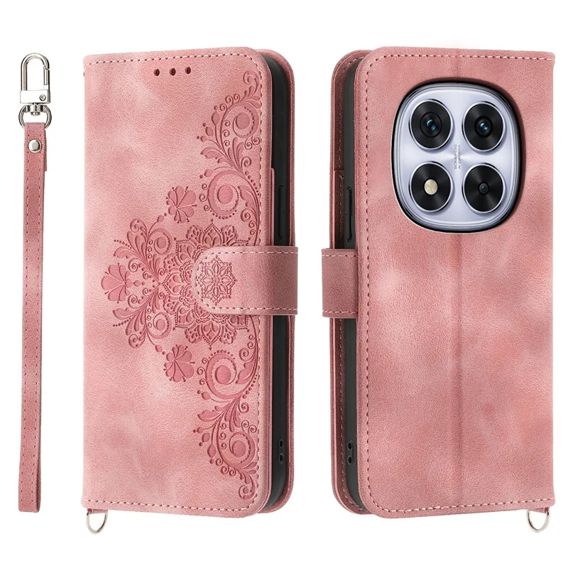 For Xiaomi Poco M8 Pro 5G / Redmi Note 15 Pro+ 5G (Global) Case Flower Pattern PU Leather Wallet Phone Cover with Strap - Pink