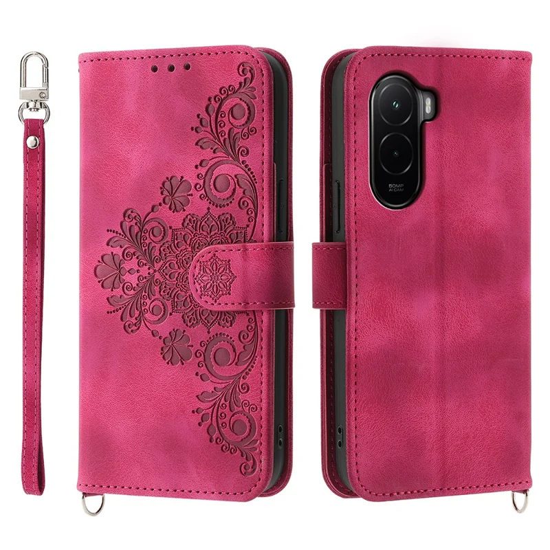 For Xiaomi Poco M7 4G (EU) (171mm) Case Flower Pattern PU Leather Wallet Phone Cover with Strap - Wine Red
