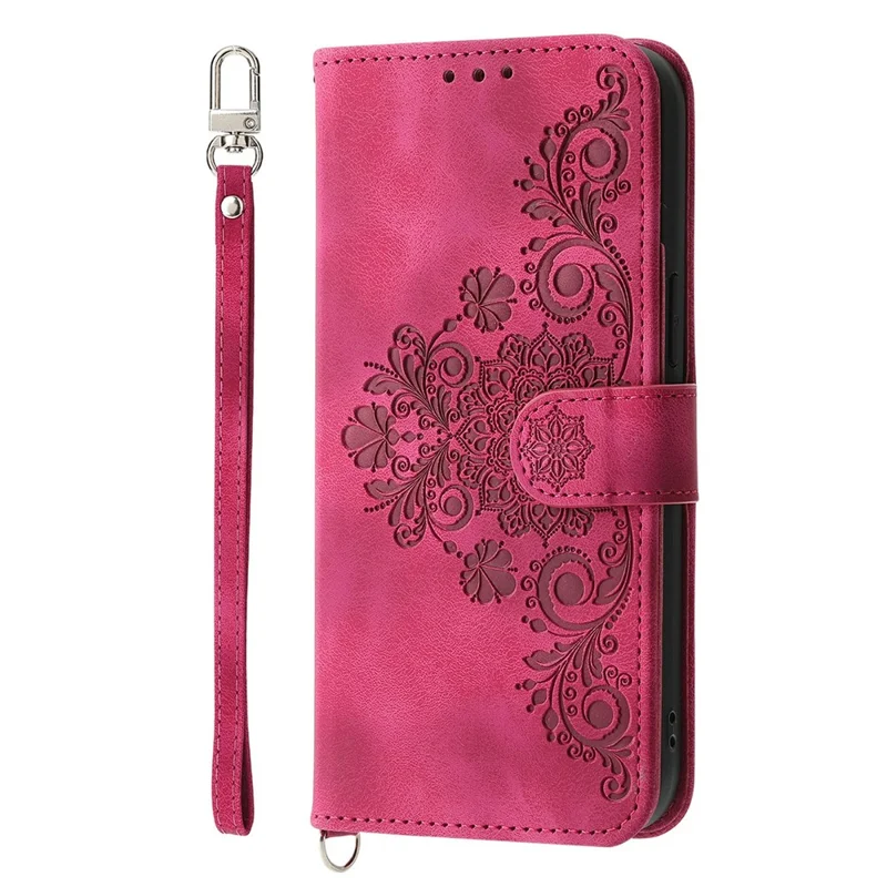 For Xiaomi Poco M7 4G (EU) (171mm) Case Flower Pattern PU Leather Wallet Phone Cover with Strap - Wine Red