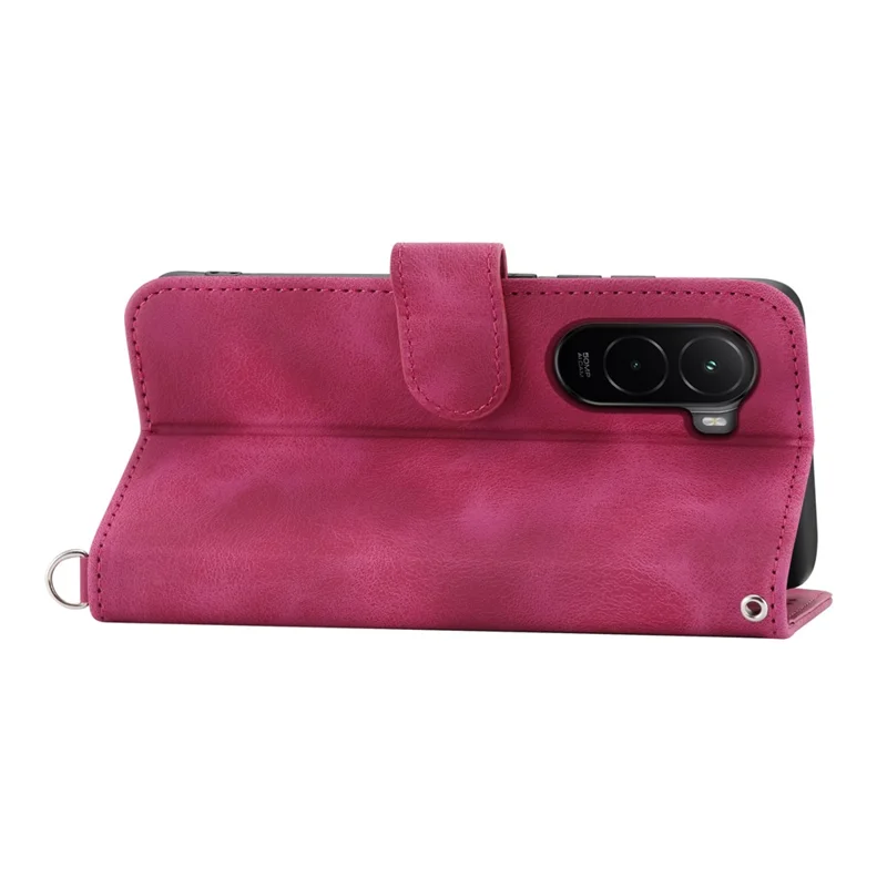 For Xiaomi Poco M7 4G (EU) (171mm) Case Flower Pattern PU Leather Wallet Phone Cover with Strap - Wine Red