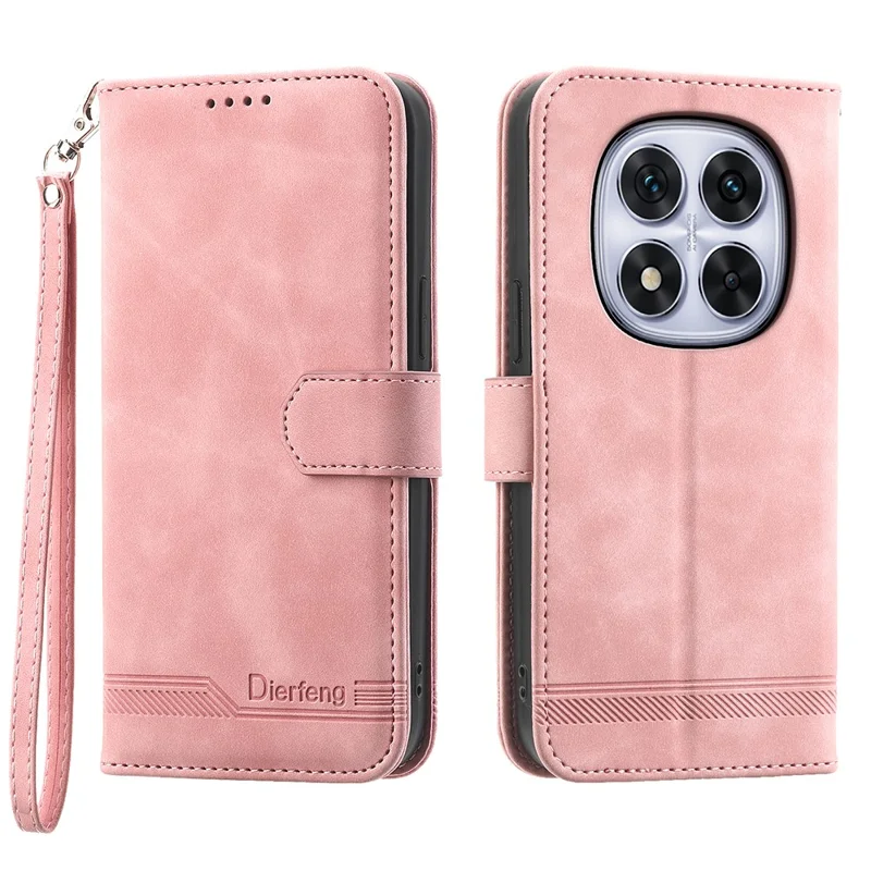 DIERFENG DF-03 For Xiaomi Redmi Note 15 Pro 5G (Global) Case Lines Imprint Wallet Leather Phone Cover with Wrist Strap - Pink