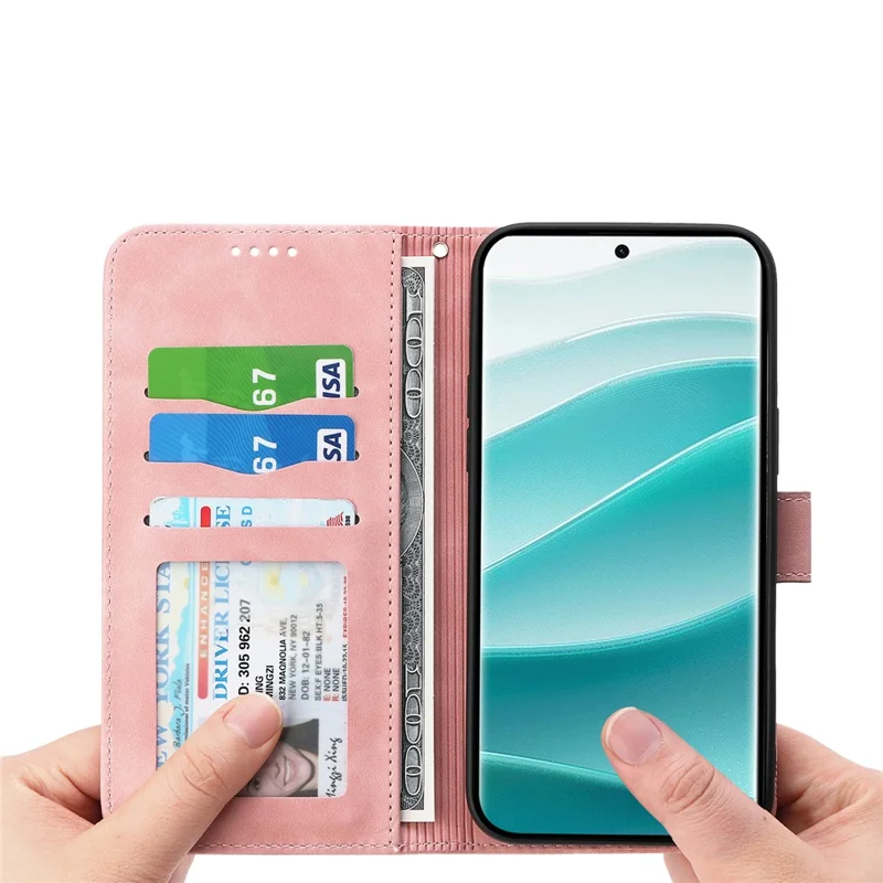 DIERFENG DF-03 For Xiaomi Redmi Note 15 Pro 5G (Global) Case Lines Imprint Wallet Leather Phone Cover with Wrist Strap - Pink