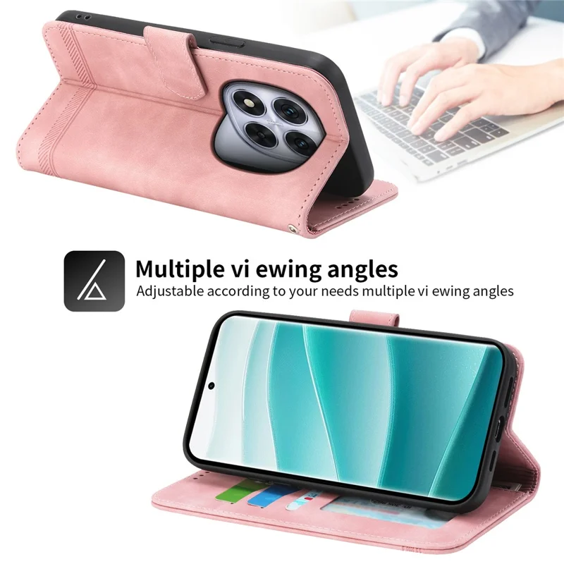 DIERFENG DF-03 For Xiaomi Redmi Note 15 Pro 5G (Global) Case Lines Imprint Wallet Leather Phone Cover with Wrist Strap - Pink