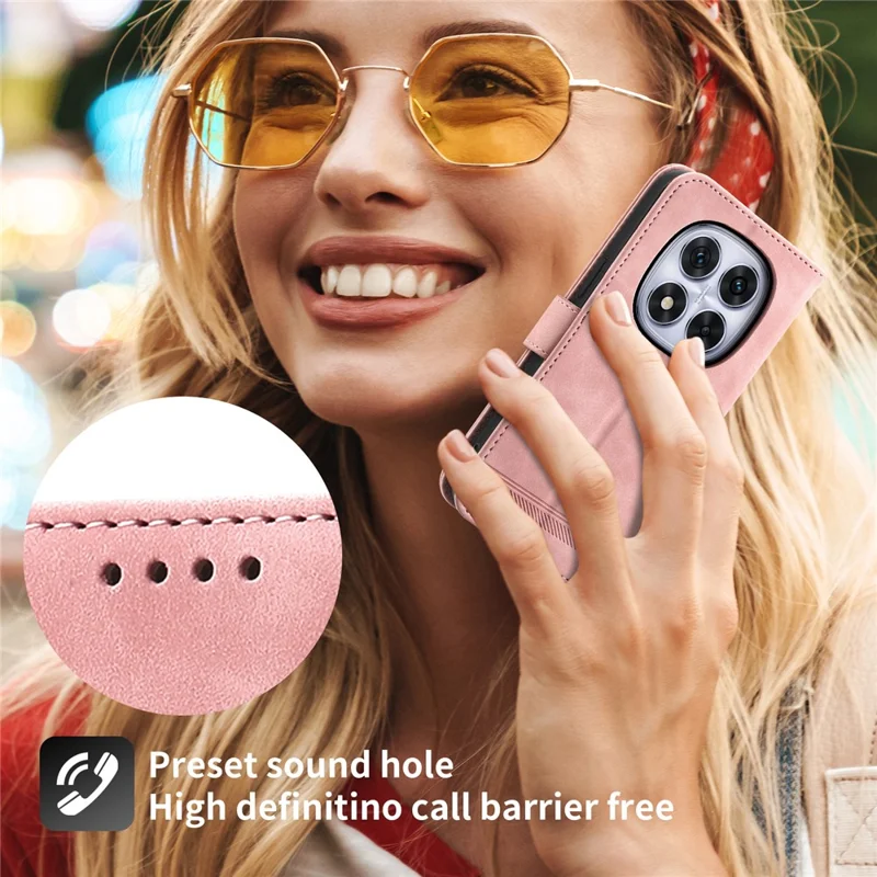 DIERFENG DF-03 For Xiaomi Redmi Note 15 Pro 5G (Global) Case Lines Imprint Wallet Leather Phone Cover with Wrist Strap - Pink