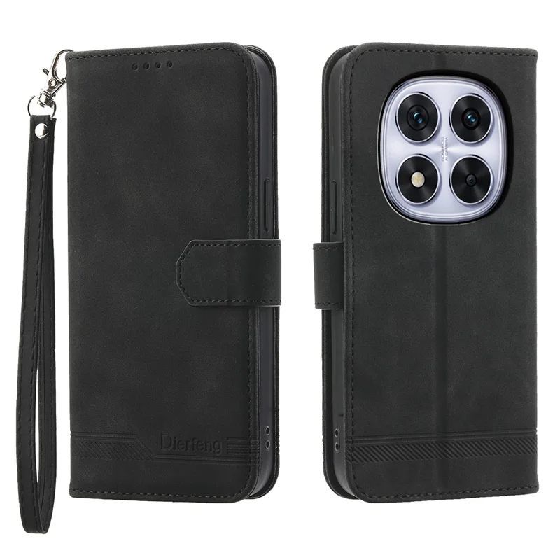 DIERFENG DF-03 Fodral för Xiaomi Redmi Note 15 Pro+ 5G Med linjeprägling Lederlukt Väska Mobilhölse med handledsband - Svart