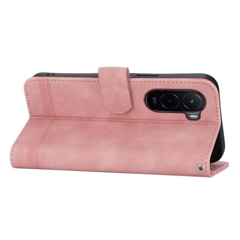 DIERFENG DF-03 For Xiaomi Poco M7 4G (EU) (171mm) Case Lines Imprint Wallet Leather Phone Cover with Wrist Strap - Pink