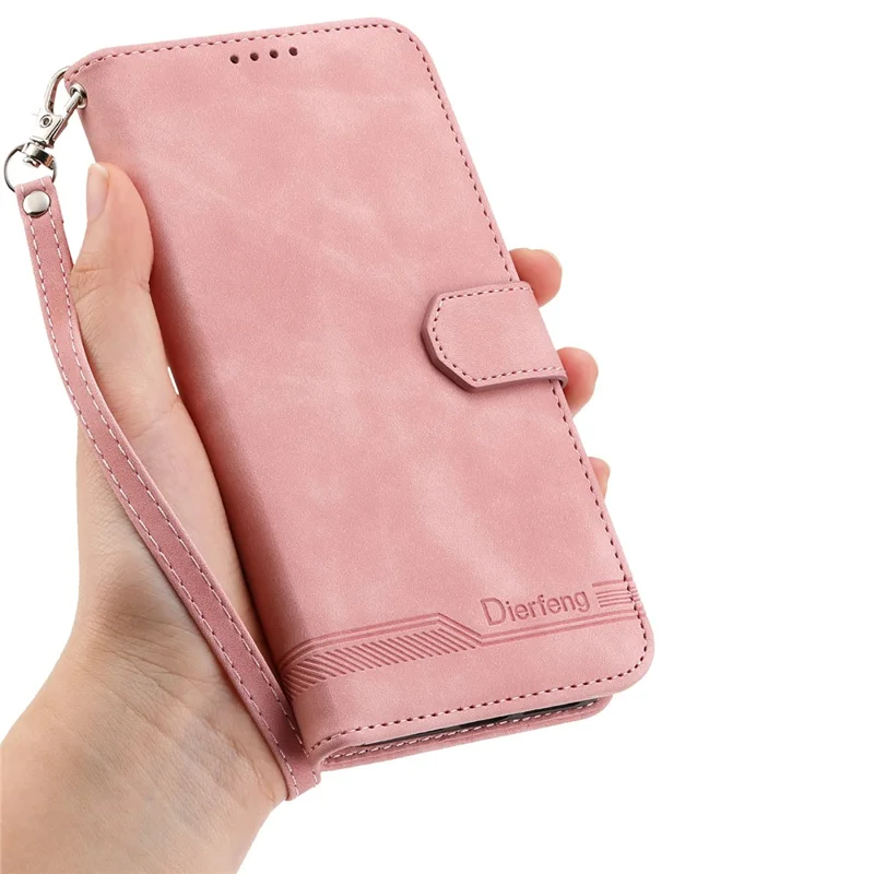 DIERFENG DF-03 For Xiaomi Poco M7 4G (EU) (171mm) Case Lines Imprint Wallet Leather Phone Cover with Wrist Strap - Pink