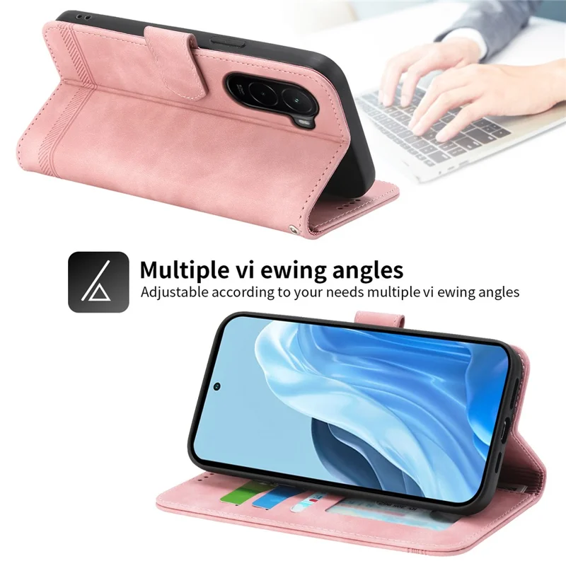 DIERFENG DF-03 For Xiaomi Poco M7 4G (EU) (171mm) Case Lines Imprint Wallet Leather Phone Cover with Wrist Strap - Pink