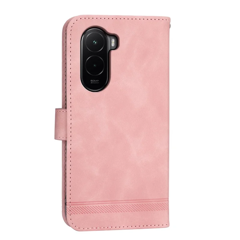 DIERFENG DF-03 For Xiaomi Poco M7 4G (EU) (171mm) Case Lines Imprint Wallet Leather Phone Cover with Wrist Strap - Pink