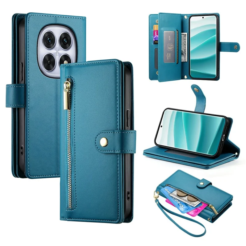 For Xiaomi Redmi Note 15 5G (Global) Case Zipper Pocket Wallet Leather Phone Cover with Straps - Blue