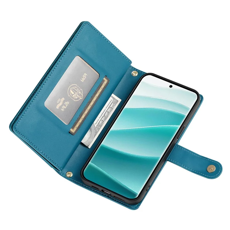 For Xiaomi Redmi Note 15 5G (Global) Case Zipper Pocket Wallet Leather Phone Cover with Straps - Blue