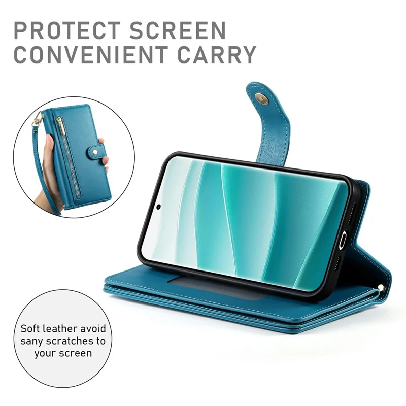 For Xiaomi Redmi Note 15 5G (Global) Case Zipper Pocket Wallet Leather Phone Cover with Straps - Blue