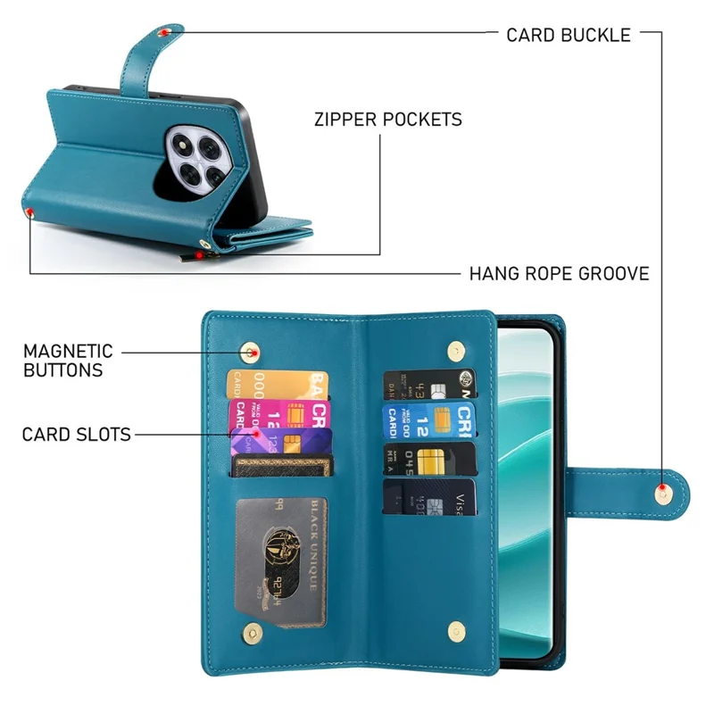 For Xiaomi Redmi Note 15 5G (Global) Case Zipper Pocket Wallet Leather Phone Cover with Straps - Blue