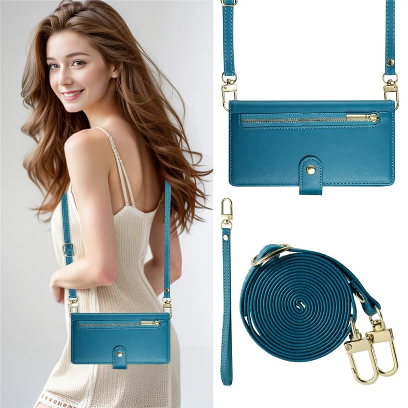 For Xiaomi Redmi Note 15 5G (Global) Case Zipper Pocket Wallet Leather Phone Cover with Straps - Blue