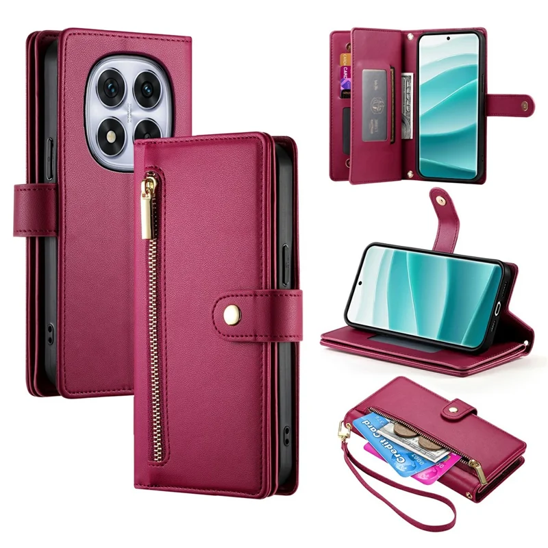 Voor Xiaomi Redmi Note 15 Pro+ 5G hoesje met ritsvak portemonnee lederen telefoonhoes met riemen - Rood