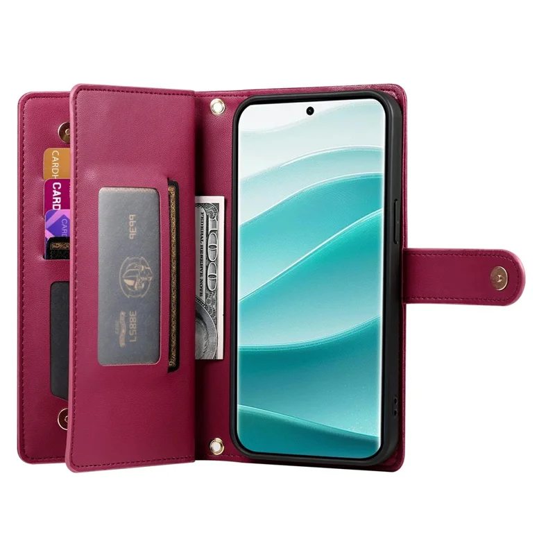 Voor Xiaomi Redmi Note 15 Pro+ 5G hoesje met ritsvak portemonnee lederen telefoonhoes met riemen - Rood