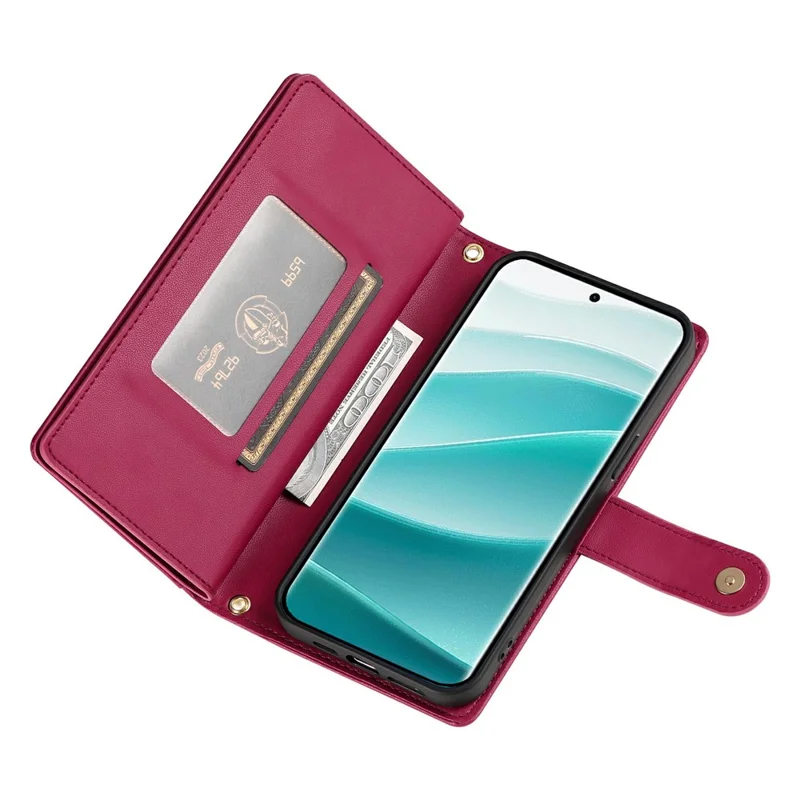 Voor Xiaomi Redmi Note 15 Pro+ 5G hoesje met ritsvak portemonnee lederen telefoonhoes met riemen - Rood