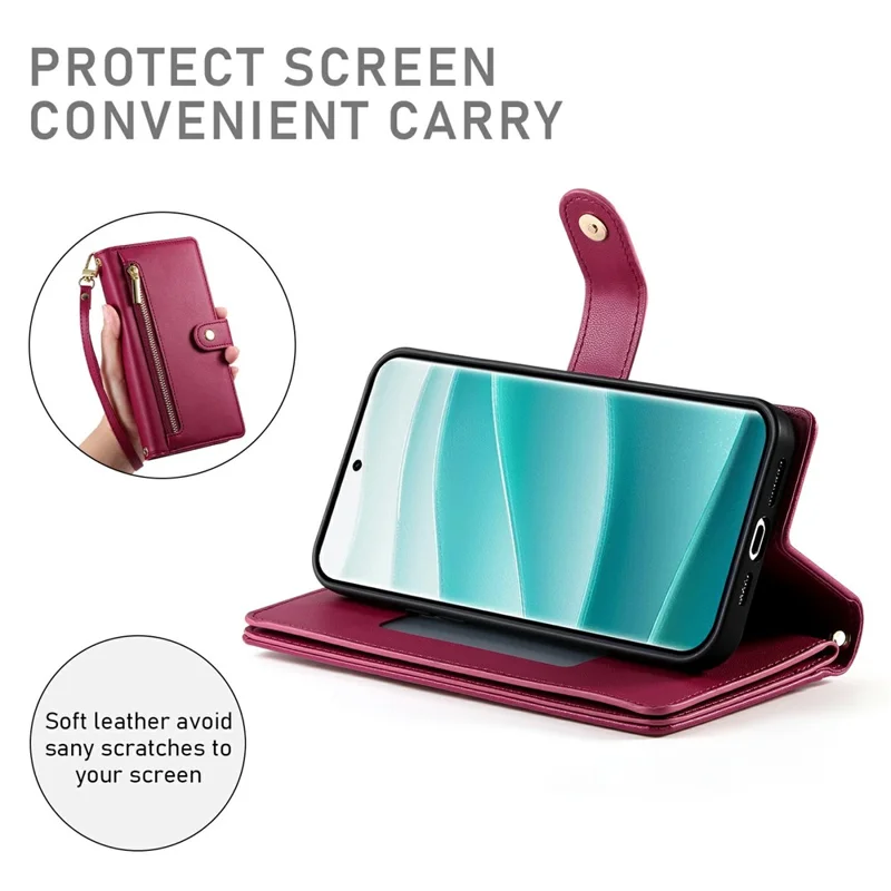 Voor Xiaomi Redmi Note 15 Pro+ 5G hoesje met ritsvak portemonnee lederen telefoonhoes met riemen - Rood