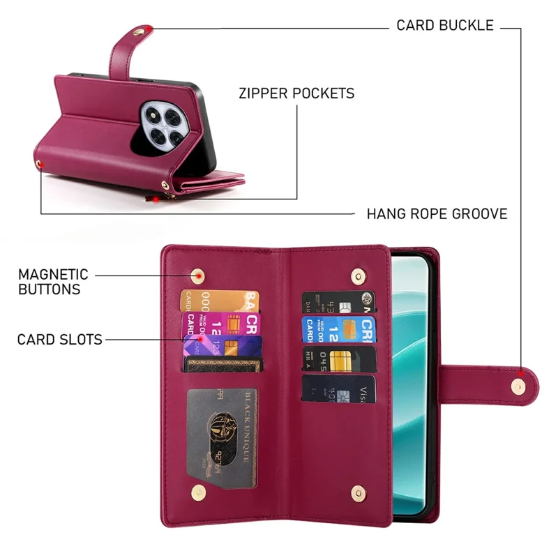 Voor Xiaomi Redmi Note 15 Pro+ 5G hoesje met ritsvak portemonnee lederen telefoonhoes met riemen - Rood