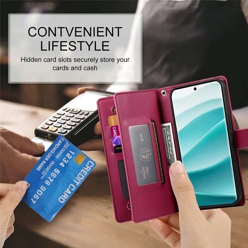 Voor Xiaomi Redmi Note 15 Pro+ 5G hoesje met ritsvak portemonnee lederen telefoonhoes met riemen - Rood