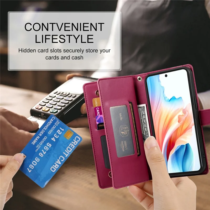 For Xiaomi Poco M7 4G (EU) (171mm) Case Zipper Pocket Wallet Leather Phone Cover with Straps - Red