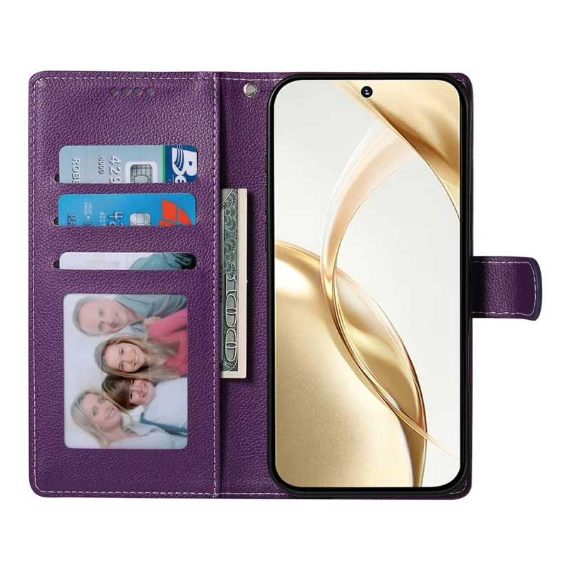 For Realme 15T 5G Case Magnetic Snap Litchi Texture Leather Wallet Phone Cover with Wrist Strap - Purple