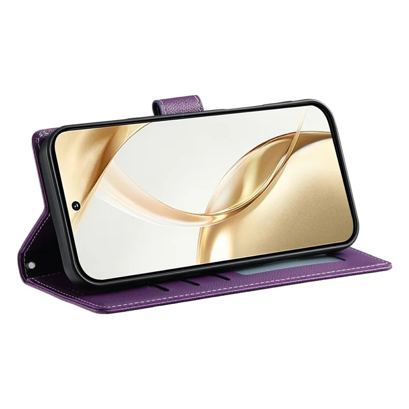 For Realme 15T 5G Case Magnetic Snap Litchi Texture Leather Wallet Phone Cover with Wrist Strap - Purple