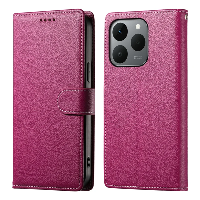 For Realme 15T 5G Case Magnetic Snap Litchi Texture Leather Wallet Phone Cover with Wrist Strap - Rose