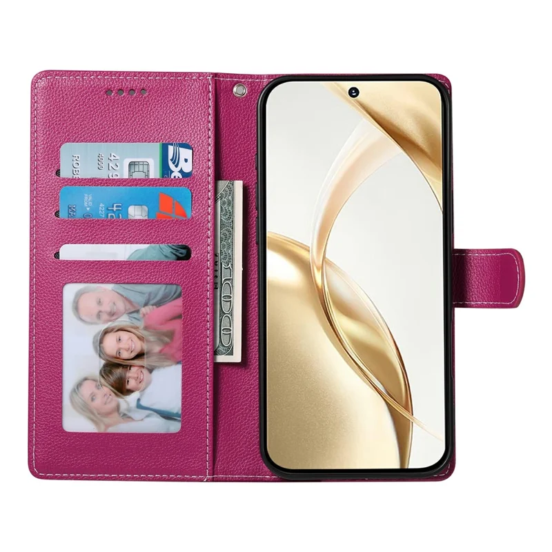 For Realme 15T 5G Case Magnetic Snap Litchi Texture Leather Wallet Phone Cover with Wrist Strap - Rose