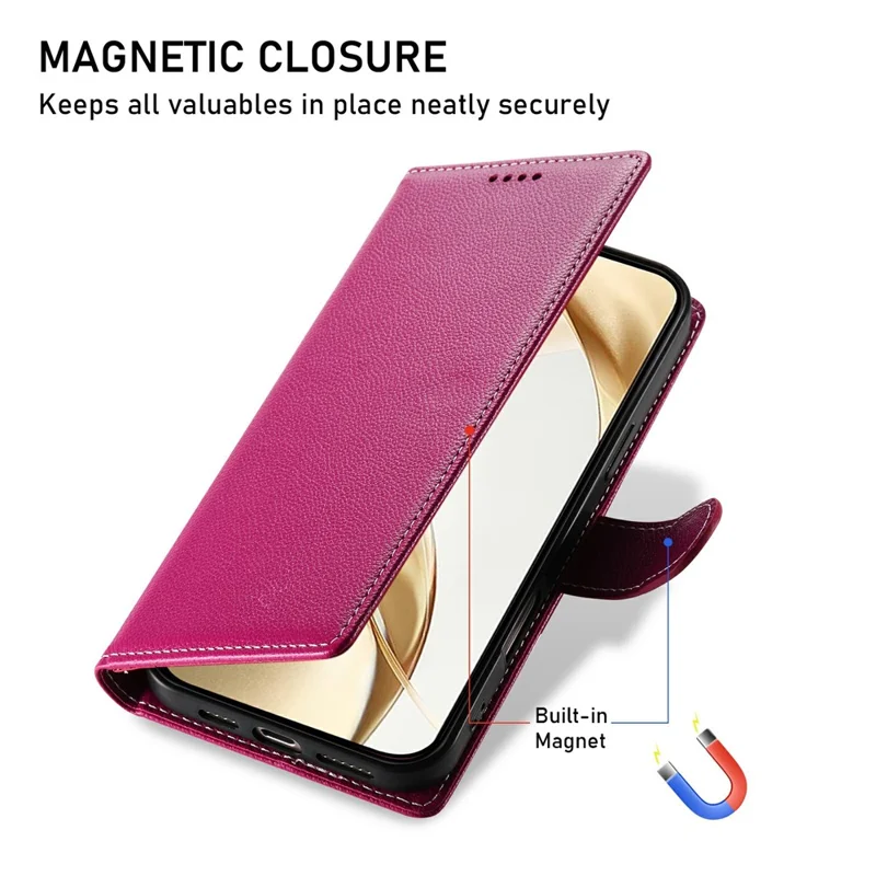 For Realme 15T 5G Case Magnetic Snap Litchi Texture Leather Wallet Phone Cover with Wrist Strap - Rose