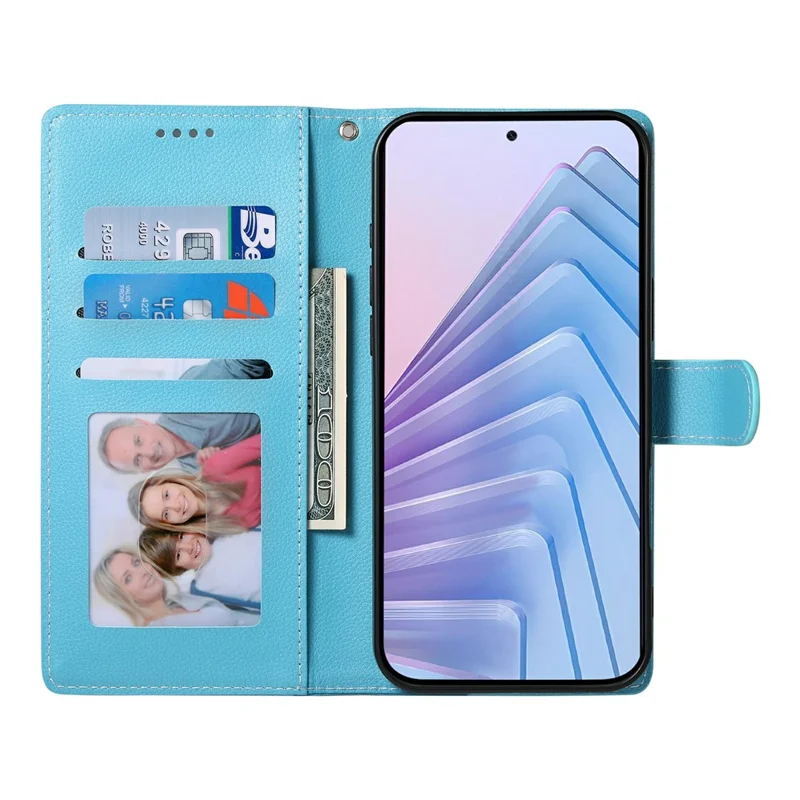 For Xiaomi Poco M8 5G / Redmi Note 15 5G (Global) Case Magnetic Snap Litchi Texture Leather Wallet Phone Cover with Wrist Strap - Sky Blue