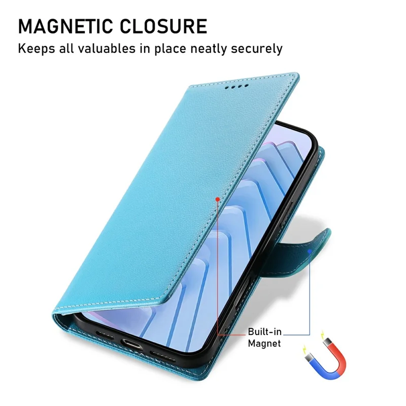For Xiaomi Poco M8 5G / Redmi Note 15 5G (Global) Case Magnetic Snap Litchi Texture Leather Wallet Phone Cover with Wrist Strap - Sky Blue