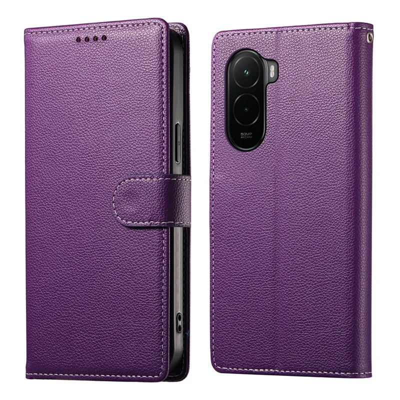 For Xiaomi Poco M7 4G (EU) (171mm) Case Magnetic Snap Litchi Texture Leather Wallet Phone Cover with Wrist Strap - Purple