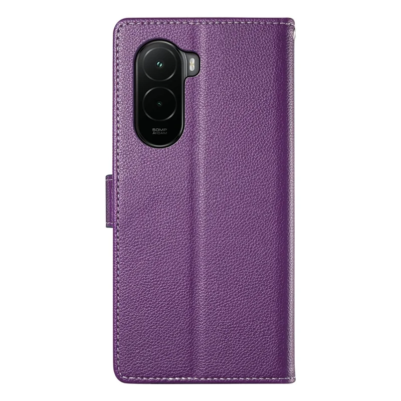 For Xiaomi Poco M7 4G (EU) (171mm) Case Magnetic Snap Litchi Texture Leather Wallet Phone Cover with Wrist Strap - Purple