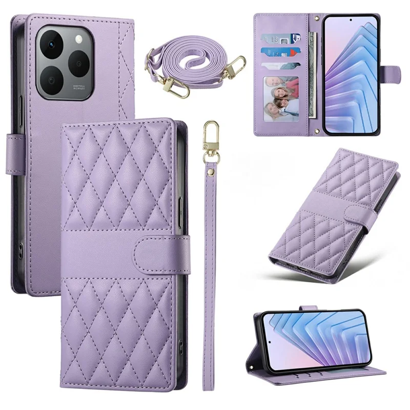 For Realme 15T 5G Wallet Case Rhombus Stitching Stand Leather Phone Cover with Long  /  Short Strap - Purple