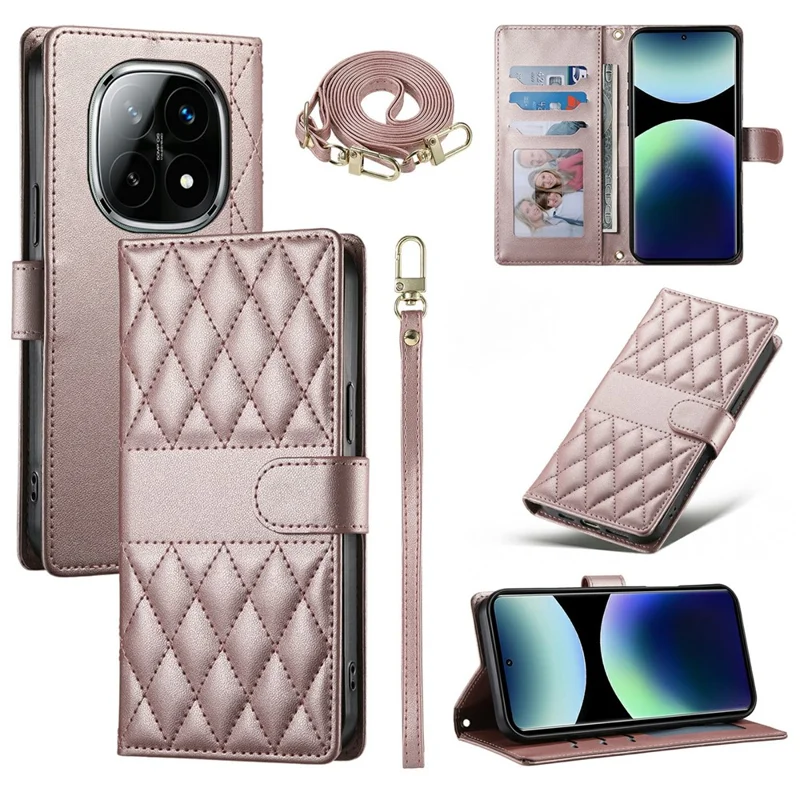 For Xiaomi Redmi Note 15 5G (Global) Wallet Case Rhombus Stitching Stand Leather Phone Cover with Long  /  Short Strap - Rose Gold