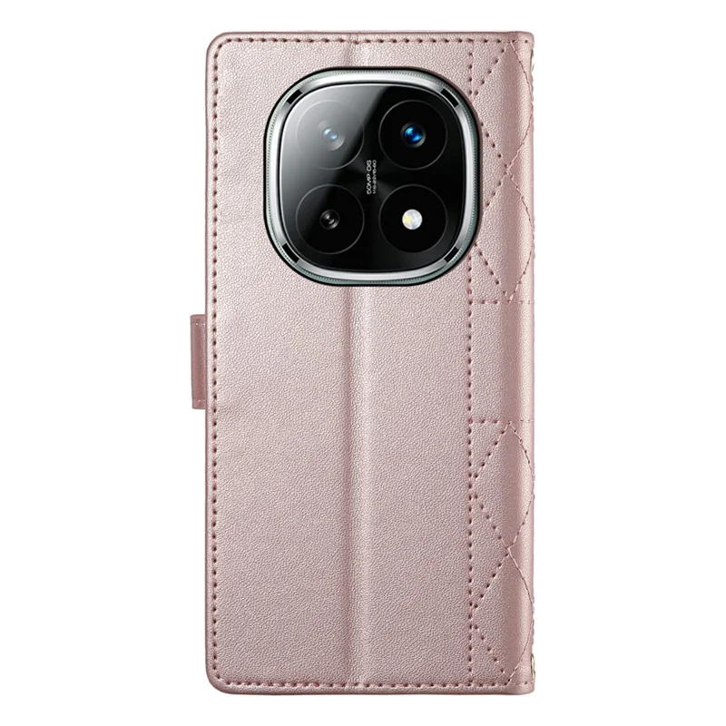 For Xiaomi Redmi Note 15 5G (Global) Wallet Case Rhombus Stitching Stand Leather Phone Cover with Long  /  Short Strap - Rose Gold