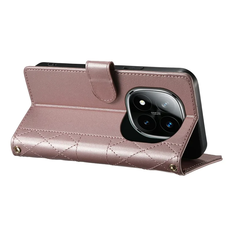 For Xiaomi Redmi Note 15 5G (Global) Wallet Case Rhombus Stitching Stand Leather Phone Cover with Long  /  Short Strap - Rose Gold