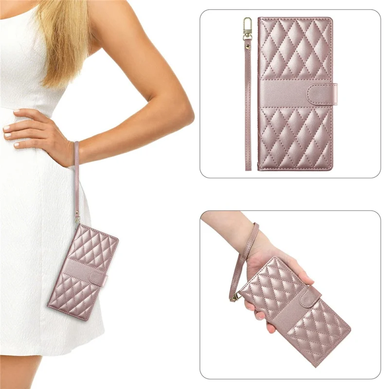 For Xiaomi Redmi Note 15 5G (Global) Wallet Case Rhombus Stitching Stand Leather Phone Cover with Long  /  Short Strap - Rose Gold