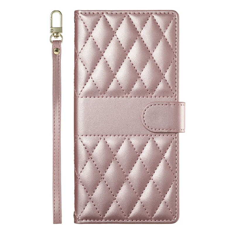 For Xiaomi Redmi Note 15 5G (Global) Wallet Case Rhombus Stitching Stand Leather Phone Cover with Long  /  Short Strap - Rose Gold