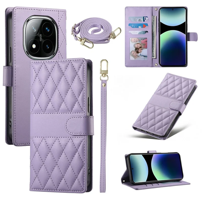 Portemonnee Hoesje voor Xiaomi Redmi Note 15 Pro 5G met Ruitvormige Steeksteun Lederen Telefoonhoes met Lange / Korte Band - Paars