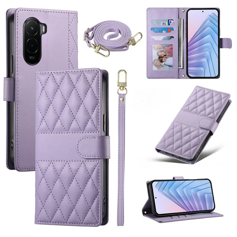 For Xiaomi Poco M7 4G (EU) (171mm) Wallet Case Rhombus Stitching Stand Leather Phone Cover with Long  /  Short Strap - Purple