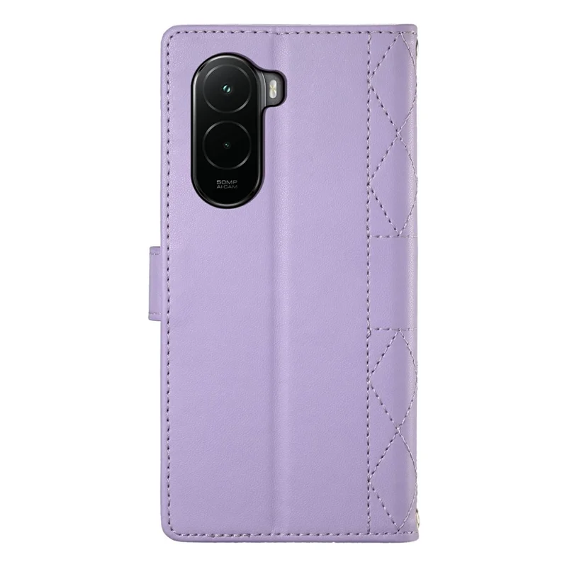 For Xiaomi Poco M7 4G (EU) (171mm) Wallet Case Rhombus Stitching Stand Leather Phone Cover with Long  /  Short Strap - Purple